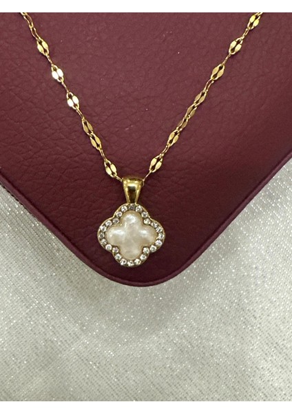 Zirkon Taşlı Çelik Yonca Kolye