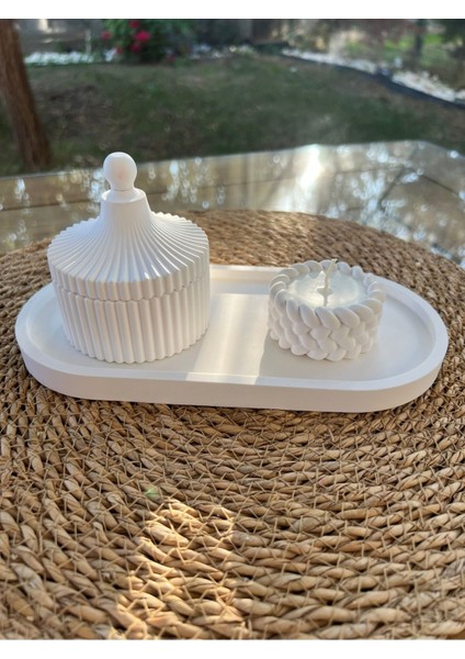 Dekoratif Kapaklı Kutu ve Kokulu Mum Seti - Minimalist El Yapımı Tepsi Dekoru, 3parça Yılbaşı Hediy
