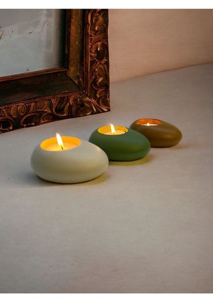 Three Drops Minimal Dekoratif Beton Tealight Mumluk 3'lü Set [ Alaçatı-Avokado-Karamel ]