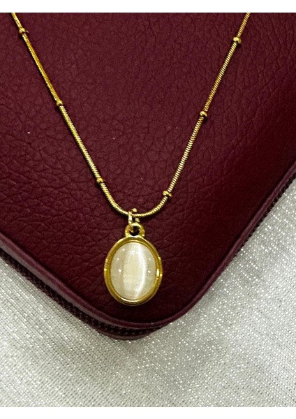 316L Çelik Yeşil Sedefli Oval Kolye