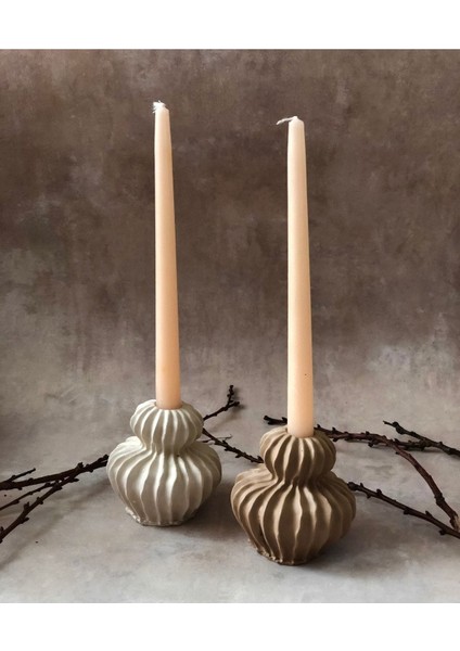 Mocha & Bej Çizgili Şamdan-Mumluk 2'li