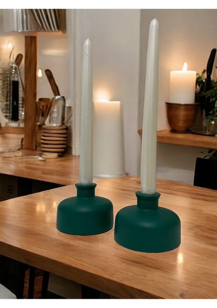 El Yapımı Minimalist Taş Mumluk Seti, Yeşil Renk Seramik Mumluk