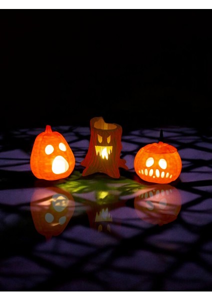 Cadılar Bayramı 3'lü Set - 2 Bal Kabağı ve 1 Ağaç, Halloween Dekor, Tealight Mumluk
