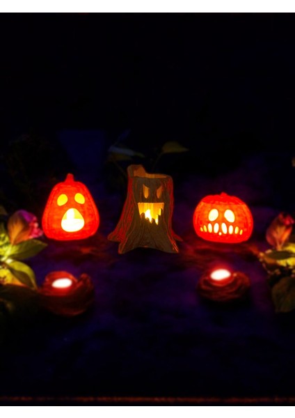 Cadılar Bayramı 3'lü Set - 2 Bal Kabağı ve 1 Ağaç, Halloween Dekor, Tealight Mumluk