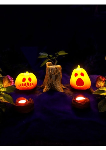 Cadılar Bayramı 3'lü Set - 2 Bal Kabağı ve 1 Ağaç, Halloween Dekor, Tealight Mumluk