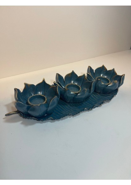 Dekoratif Polyester Üçlü Mumluk Takımı Turkuaz-Gold Eskitme