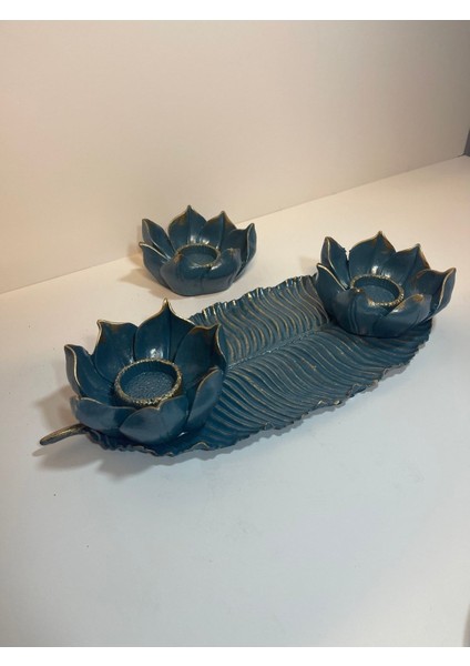 Dekoratif Polyester Üçlü Mumluk Takımı Turkuaz-Gold Eskitme fiyatları