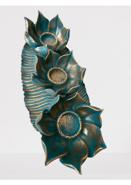 Dekoratif Polyester Üçlü Mumluk Takımı Turkuaz-Gold Eskitme modelleri