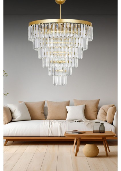 Nilsa Gold 50 x 50 cm 'lik Kristal Taşlı Lüks Avize - Yatak Odası - Salon - Mutfak - Hol