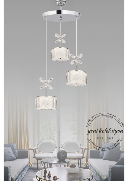 Pamir 3 Lü Modern 3 Renk Işık (Beyaz Sarı Gün Işığı) Salon Mutfak Yatak Odası LED Avize