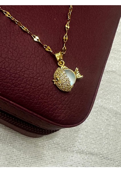 Özel Tasarım Opal ve Zirkon Taşlı Çelik Balık Kolye