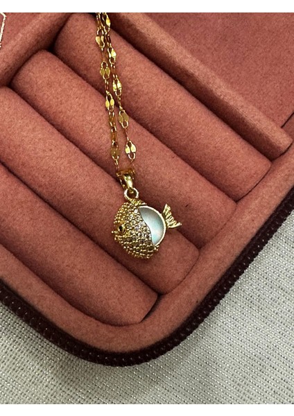 Özel Tasarım Opal ve Zirkon Taşlı Çelik Balık Kolye
