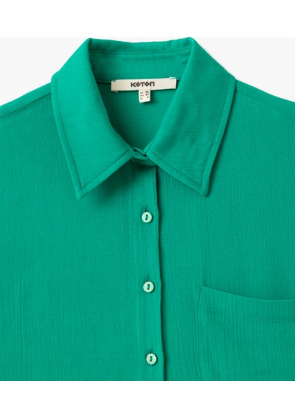 Cep Detaylı Kısa Kollu Viskon Crop Oversize Gömlek
