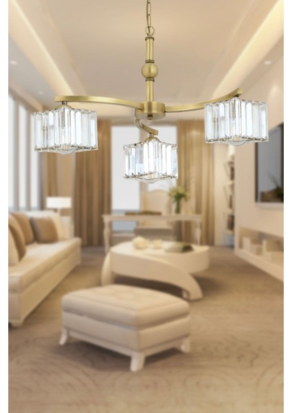 Rima 3 Kollu Eskitme Kristalli Taşlı Modern Tasarım Salon-Yatak Odası Kristal Salon Avize