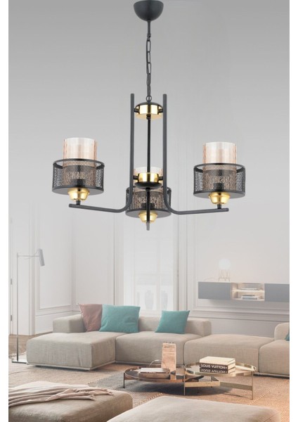 Destan 3 Lü Modern (Siyah Gold) Bal Camlı Salon Yatak Odası Mutfak Genç Odası Avize
