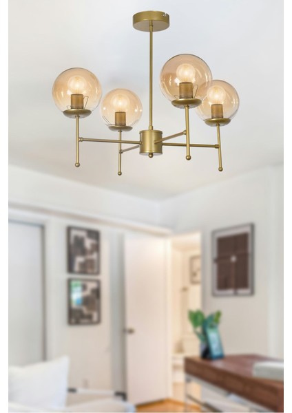 Axel Modern Tasarım Salon Yemek Yatak Odası Mutfak Eskitme Renk Bal Camlı Sarkıt 4 Lü Avize