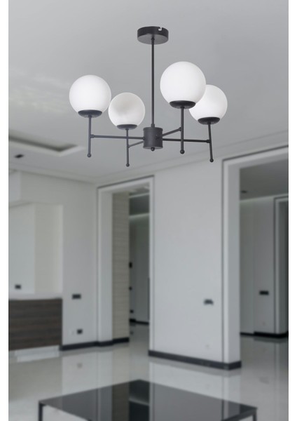 Axel Modern Tasarım Salon Yemek Yatak Odası Mutfak Siyah Renk Beyaz Camlı Sarkıt 4 Lü Avize