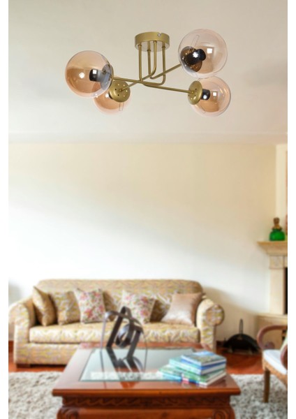 Safir Modern Tasarım Salon Yatak Odası Mutfak Eskitme Renk Bal Camlı 4 Lü Avize