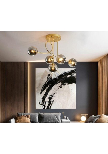 Jade Lüks Modern Salon - Mutfak - Yatak Odası Eskitme Renk Gövde Füme Camlı 5 Li Avize