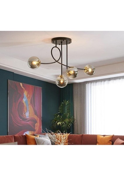 Jade 4 Lü Özel Tasarım Salon - Mutfak - Yatak Odası Modern Füme Glop Camlı Siyah Avize