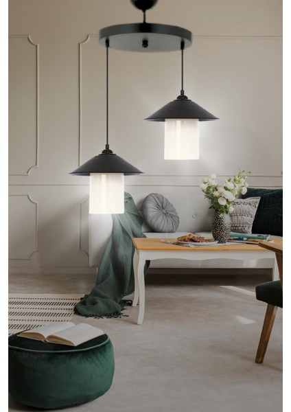 Japon Metal 2'li Beyaz Mika Camlı Modern Sarkıt Avize - Yatak Odası - Salon - Mutfak - Hol