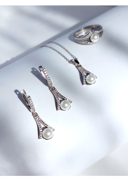 Gümüş inci Damla Tasarım Zarif Kadın Kolye Küpe Yüzük Gelin Seti Yılbaşı Yeni Yıl Hediye