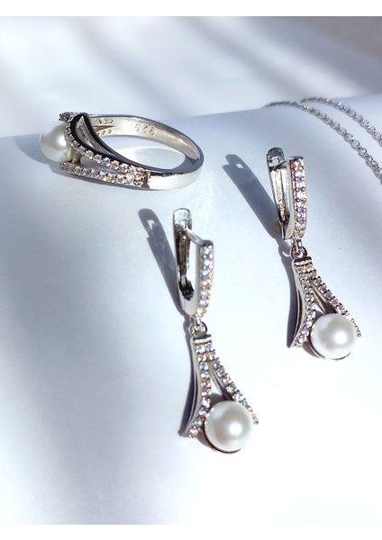 Gümüş inci Damla Tasarım Zarif Kadın Kolye Küpe Yüzük Gelin Seti Yılbaşı Yeni Yıl Hediye modelleri