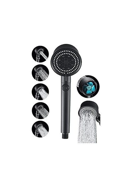 Fusty Turbo Black Power Siyah Pervaneli 5 Fonksiyonlu Yüksek Basınçlı Mat Siyah Duş Başlığı El Duşu