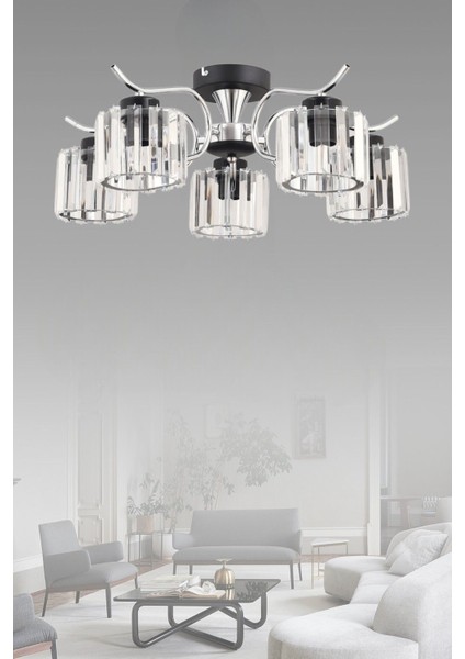 Esma 5 Li Modern Krom [kristal Taşlı] Salon Yatak Odası Mutfak Genç Odası Avize