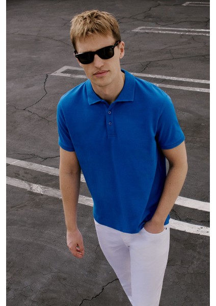 ALTINYILDIZ CLASSICS Erkek Royal Mavi %100 Pamuk Kıvrılmaz Polo Yaka Slim Fit Dar Kesim Tişört
