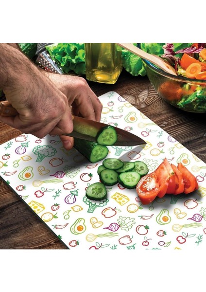 Cam Kesme Tahtası ve Sunumluk Karışık Meyve Sebze Desenli 20 x 30 cm 1 Adet modelleri