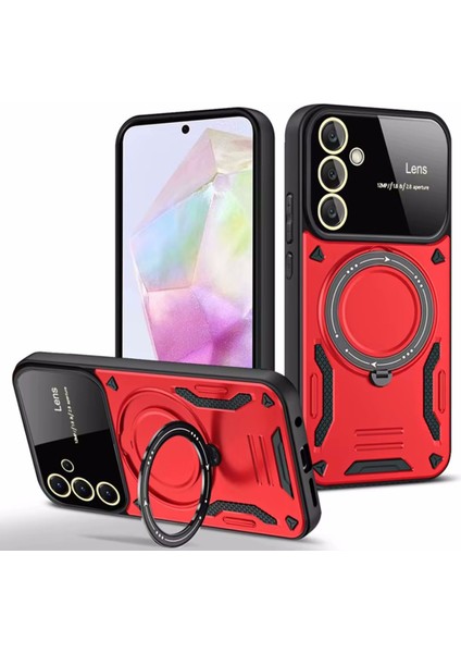 Samsung Galaxy A26 Kılıf Magsafe Dönebilen Halkalı Standlı Kamera Lens Korumalı Gold Detaylı Tank
