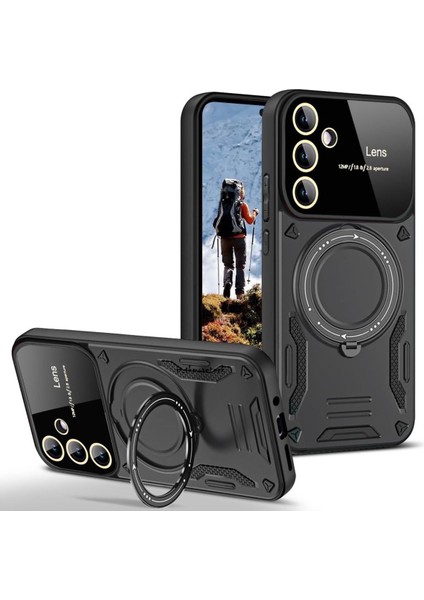 Samsung Galaxy A26 Kılıf Magsafe Dönebilen Halkalı Standlı Kamera Lens Korumalı Gold Detaylı Tank