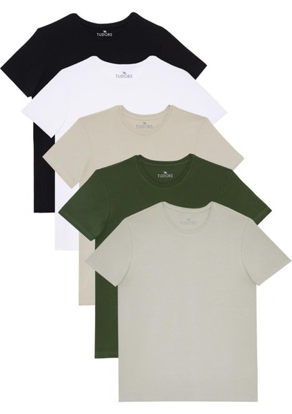 5'li Paket Siyah-Beyaz-Taş-Gri-Haki Slim Fit Dar Kesim Pamuk Bisiklet Yaka Tişört