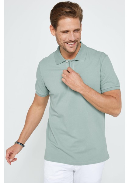 Erkek Slim Fit Dar Kesim Pamuk Düz Pike Mint Polo Yaka Tişört