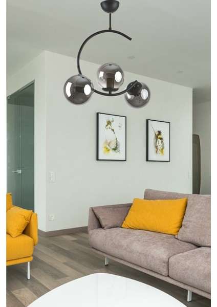 Julia Özel Tasarım Salon - Mutfak - Yatak Odası Siyah Renk Füme Camlı 3 Lü Avize