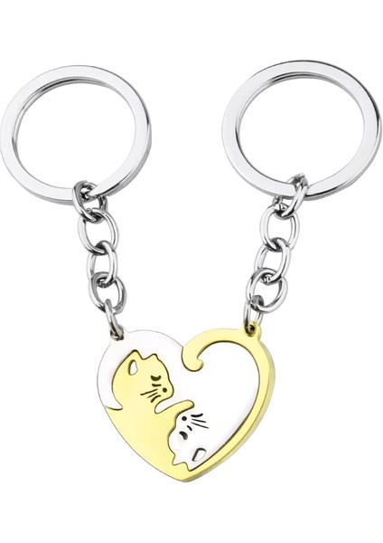 1 Çift Kadın ve Erkek Paslanmaz Çelik Kalp Şekilli Splice Hayvan Kedi Anahtarlık Çift Anahtar Yüzükler Moda Anahtarlıklar (Yurt Dışından)