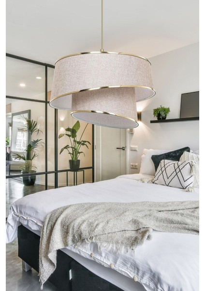 Stil Asitmetrik Pasta Avize Pudra Kumaş Altın Şeritli Yatak Odası Salon Sarkıt indirimleri