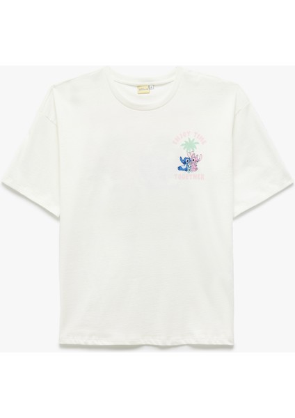 Stitch Lisanslı Kısa Kollu Bisiklet Yaka Arkası Baskılı Pamuklu Oversize Tişört