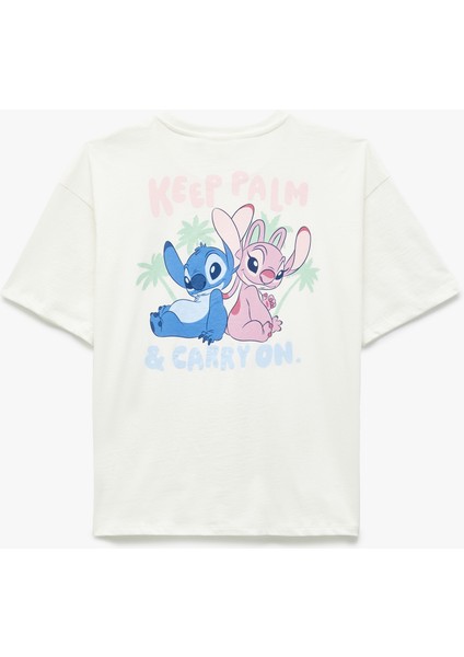 Stitch Lisanslı Kısa Kollu Bisiklet Yaka Arkası Baskılı Pamuklu Oversize Tişört