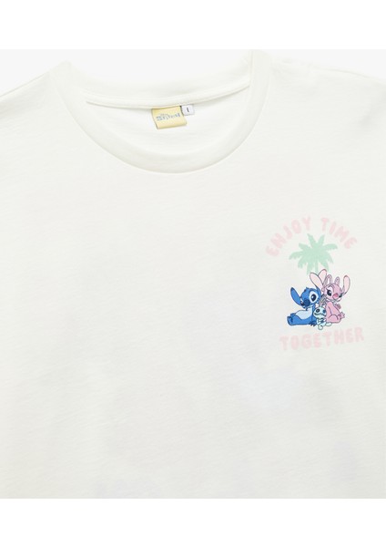 Stitch Lisanslı Kısa Kollu Bisiklet Yaka Arkası Baskılı Pamuklu Oversize Tişört