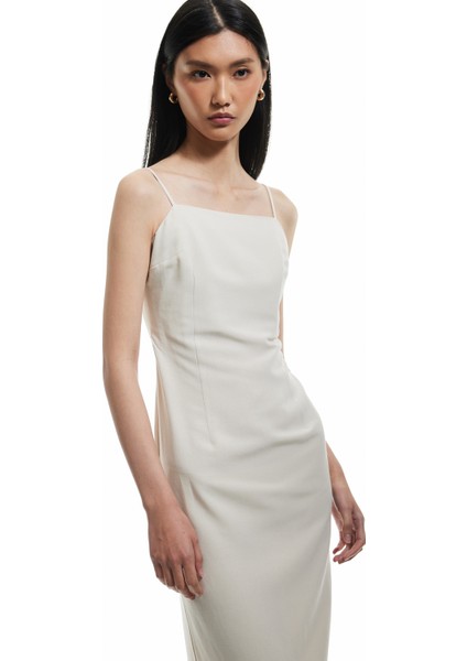 Viskon - Keten Karışımlı Slim Fit Ince Askılı Midi Boy Elbise fiyatları