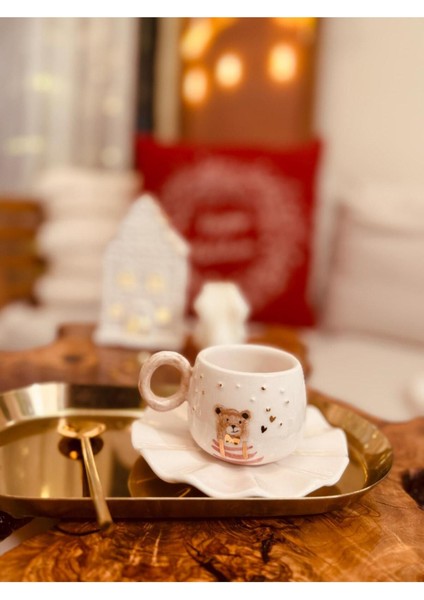 Luxury Elyapımı 24K Altın Dekorlu Ayıcıklı Seramik Türk Kahve Fincanı 1 Adet