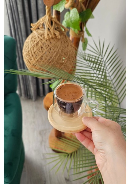 Luxury 6 Lı Çift Cidarlı Türk Kahvesi Fincanı | Espresso Bardağı | Bambu Tabaklı Fincan Takımı 1 Adet
