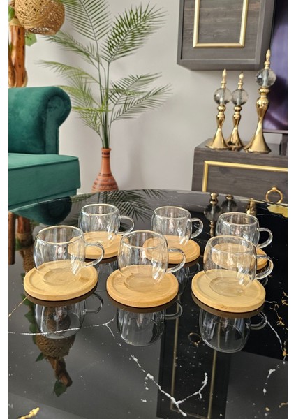 Luxury 6 Lı Çift Cidarlı Türk Kahvesi Fincanı | Espresso Bardağı | Bambu Tabaklı Fincan Takımı 1 Adet