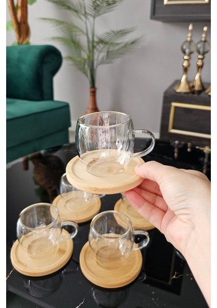Luxury 6 Lı Çift Cidarlı Türk Kahvesi Fincanı | Espresso Bardağı | Bambu Tabaklı Fincan Takımı 1 Adet