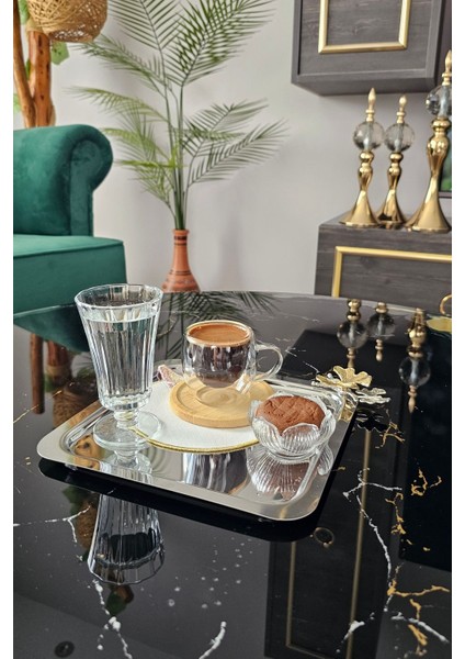 Luxury 6 Lı Çift Cidarlı Türk Kahvesi Fincanı | Espresso Bardağı | Bambu Tabaklı Fincan Takımı 1 Adet