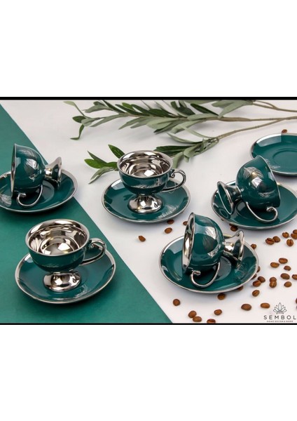 Luxury Yeşil Gümüş Tüy 6 Kişilik Ayaklı Kahve Fincan Takımı 1 Adet