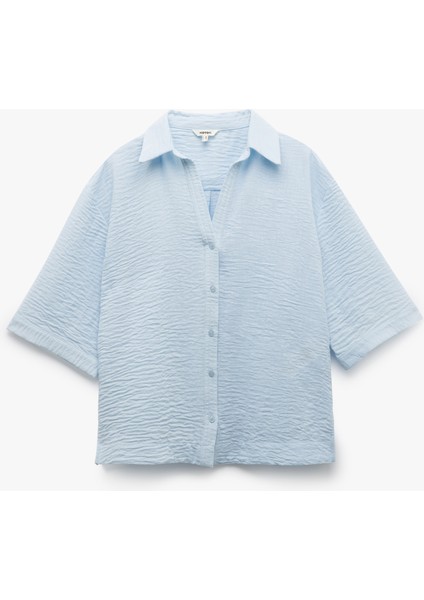 Klasik Yaka Dirsek Boy Kısa Kollu Oversize Gömlek