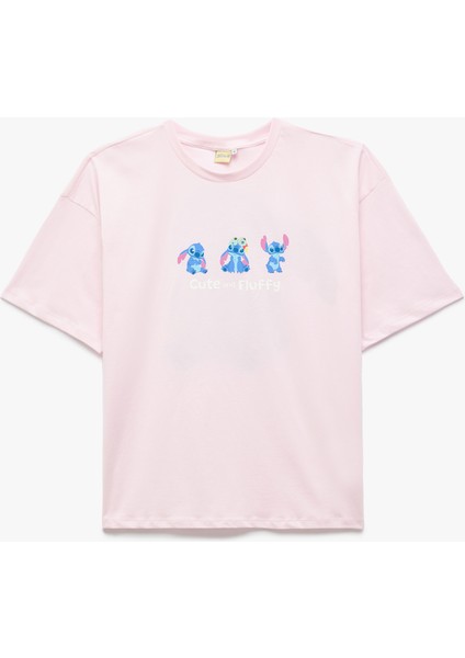 Stitch Lisanslı Baskılı Kısa Kollu Bisiklet Yaka Oversize Tişört